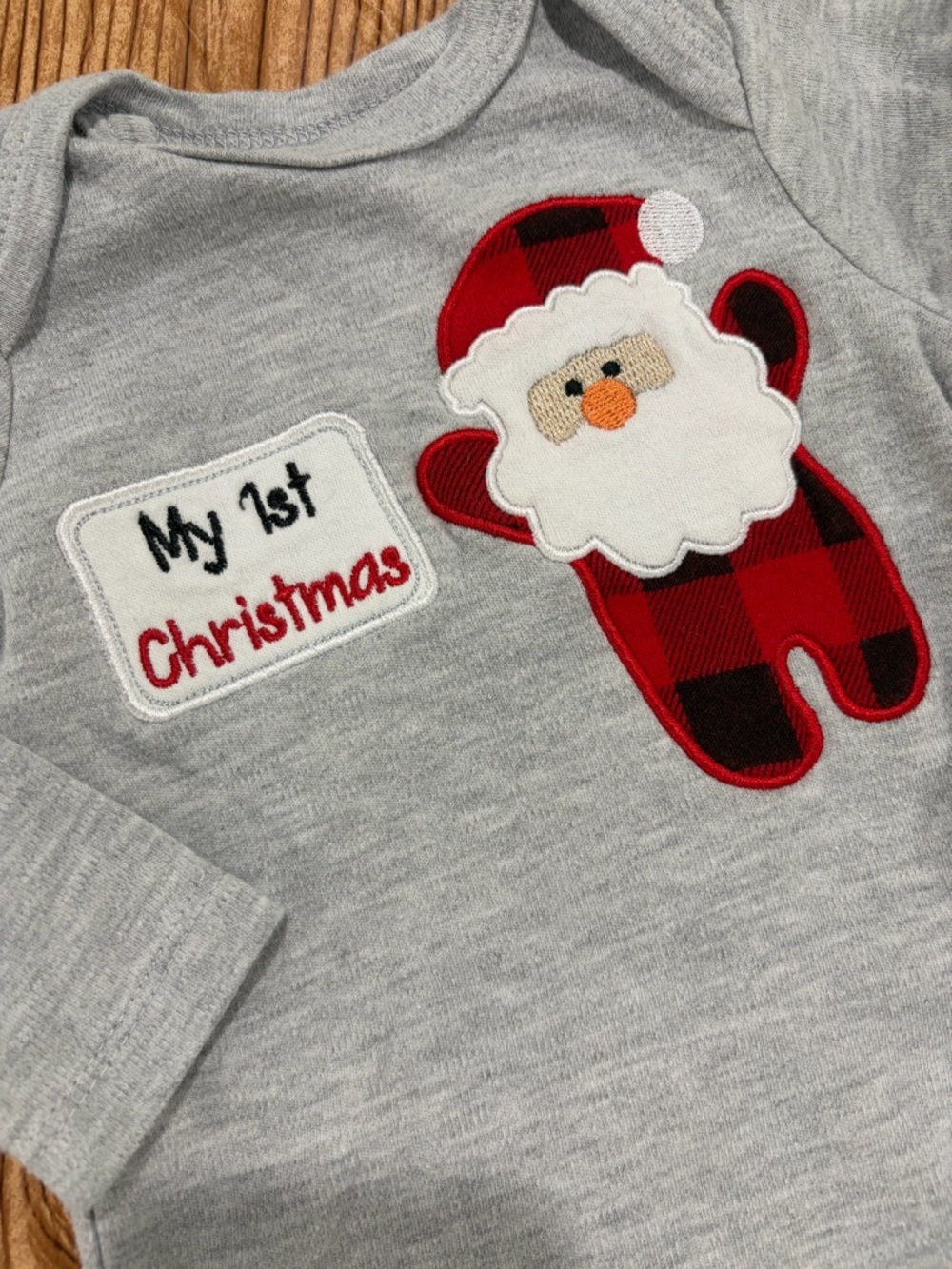 7/$20 My First Christmas Grey Baby One-Piece with Santa Image Onesie 6-9 Months - Picture 2 of 4